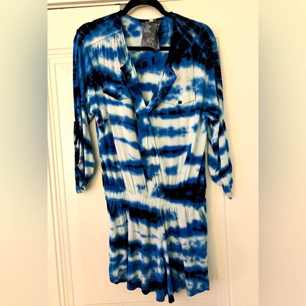 Young, Fabulous & Broke Stretch Blue Batik Short Romper Jumpsuit Size S